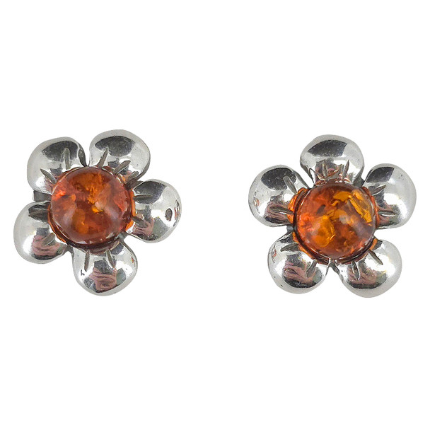 Flower Sterling Silver Amber Stud Earrings