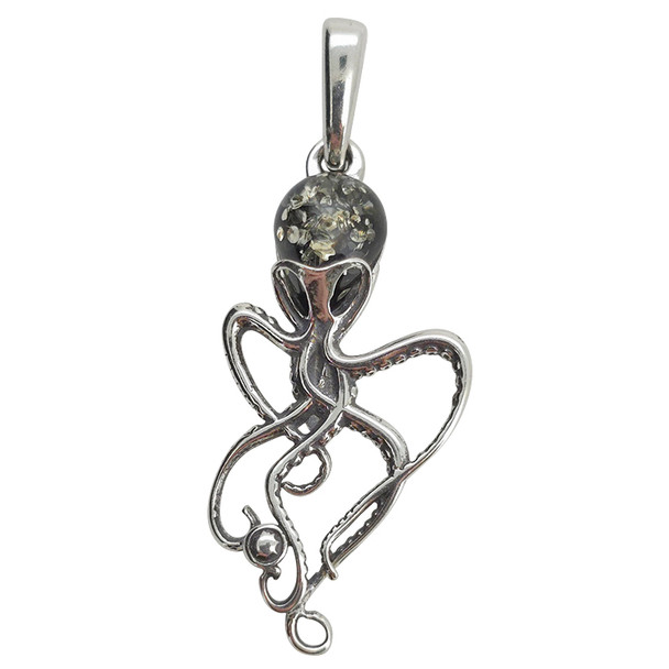 Octopus Green Amber Sterling Silver Small Pendant