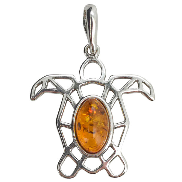 Turtle Cognac Amber Sterling Silver Pendant