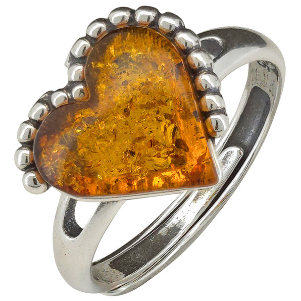 Heart Cognac Amber Sterling Silver Adjustable Ring