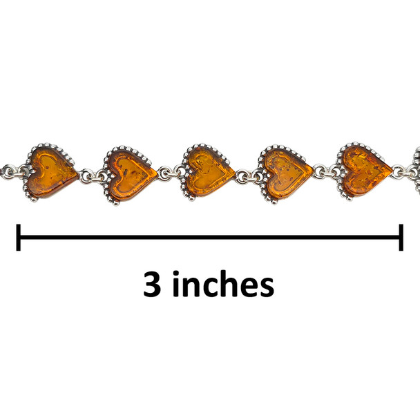 Heart Cognac Amber Sterling Silver Link Bracelet