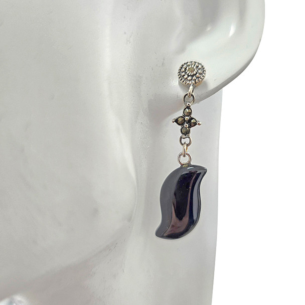 Black Agate Sterling Silver Post Dangle Earrings