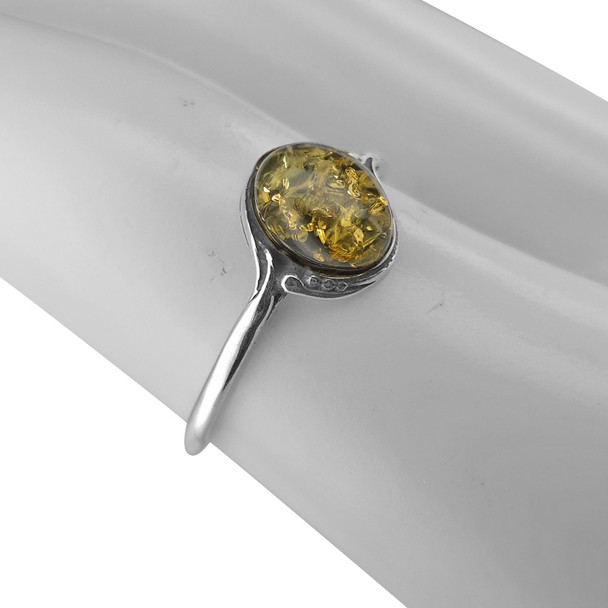 Green Amber Sterling Silver Oval Ring
