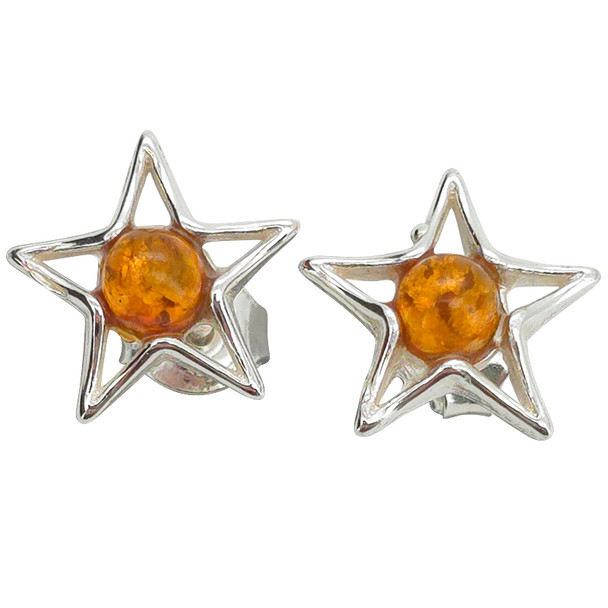 Star Cognac Amber Sterling Silver Stud Earrings
