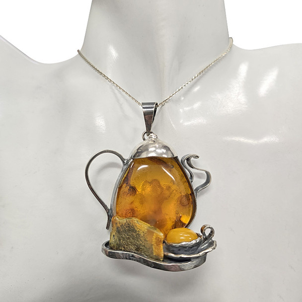 Cognac Amber Sterling Silver Teapot Pendant (1832)