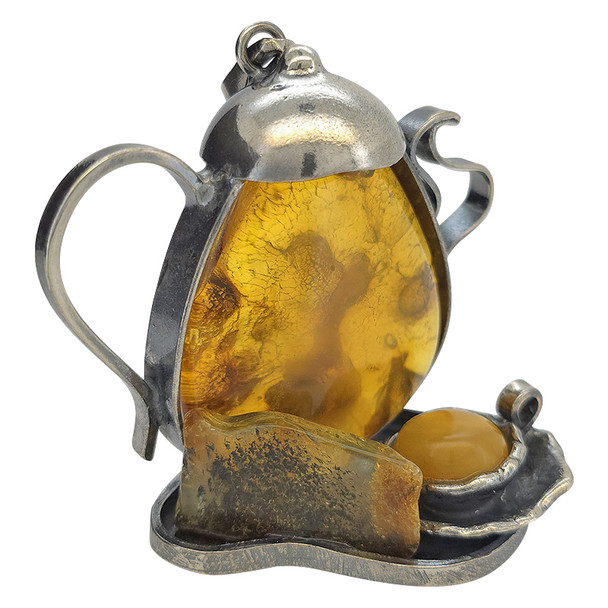 Cognac Amber Sterling Silver Teapot Pendant (1832)