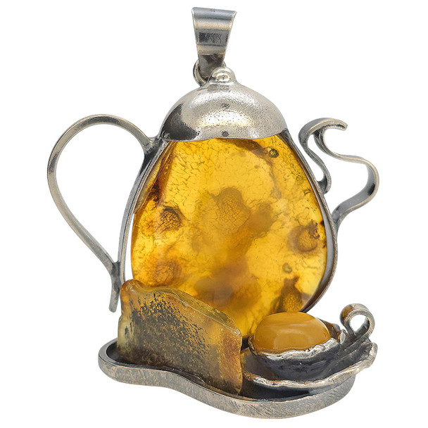 Cognac Amber Sterling Silver Teapot Pendant (1832)