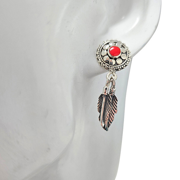 Coral Sterling Silver Feather Post Dangle Earrings