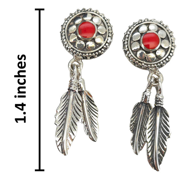 Coral Sterling Silver Feather Post Dangle Earrings