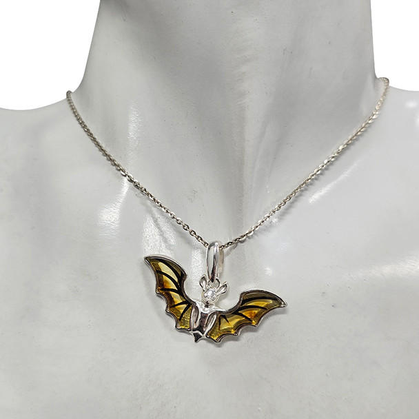 Bat Cameo Amber Sterling Silver Pendant
