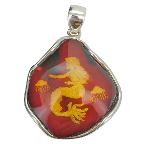 Mermaid Cameo Amber Sterling Silver Pendant