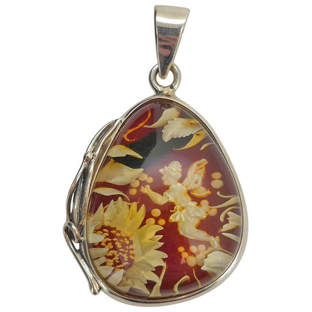 Fairy and Flower Cameo Amber Sterling Silver Pendant