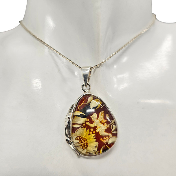 Fairy and Flower Cameo Amber Sterling Silver Pendant