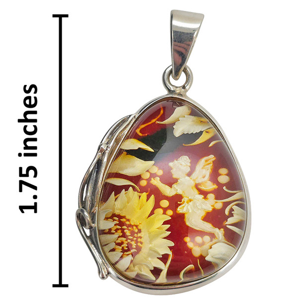 Fairy and Flower Cameo Amber Sterling Silver Pendant