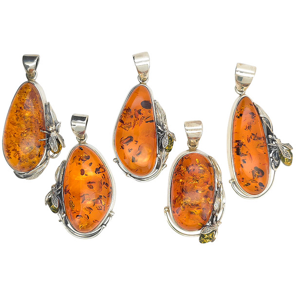 Multi-Color Amber Sterling Silver Fly Handmade Pendant