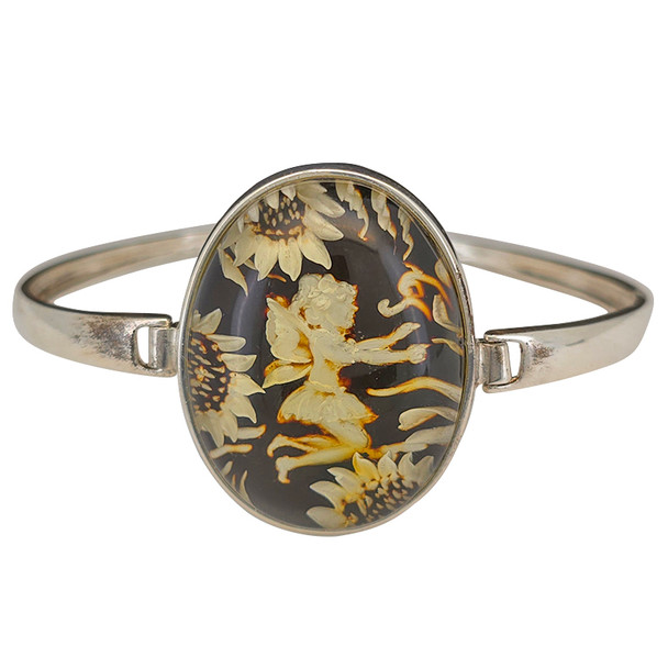 Fairy and Flower Cameo Amber Sterling Silver Bracelet