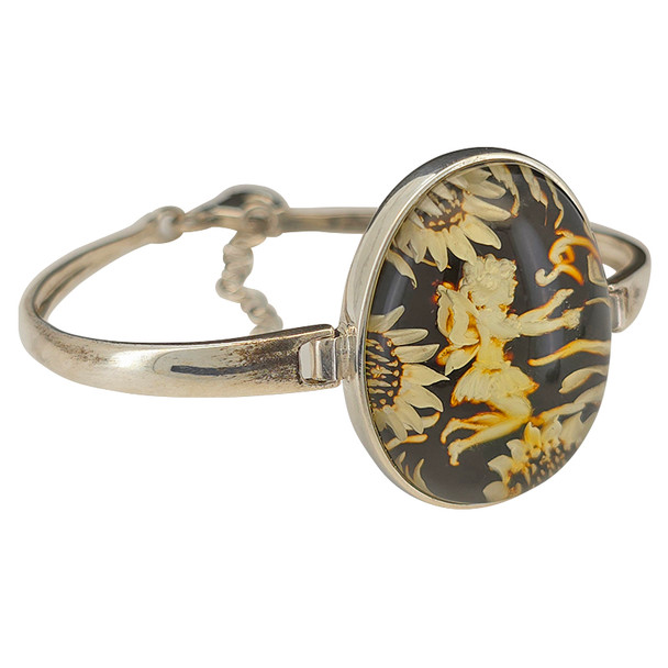Fairy and Flower Cameo Amber Sterling Silver Bracelet