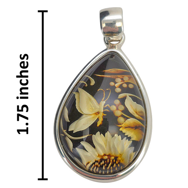 Butterfly and Sunflower Cameo Amber Sterling Silver Pendant