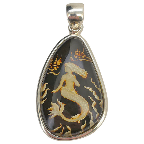 Mermaid Cameo Amber Sterling Silver Pendant