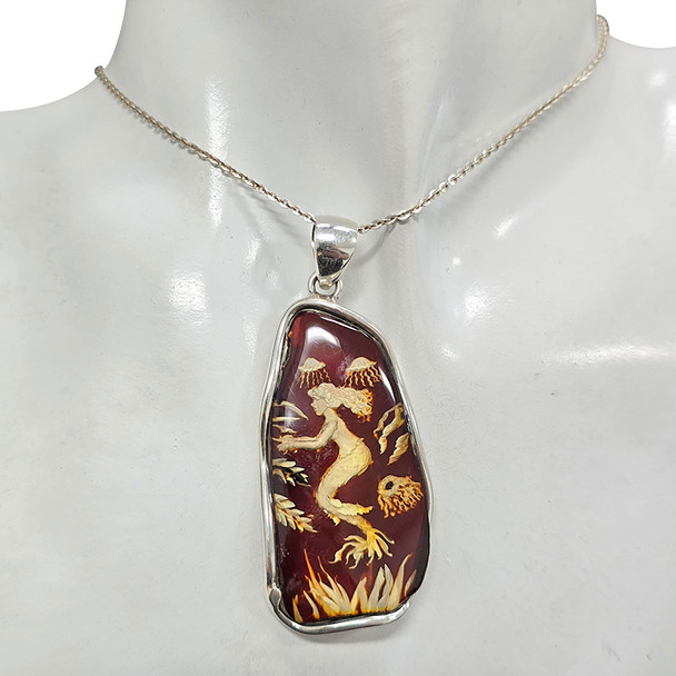 Mermaid and Jellyfish Cameo Amber Sterling Silver Pendant