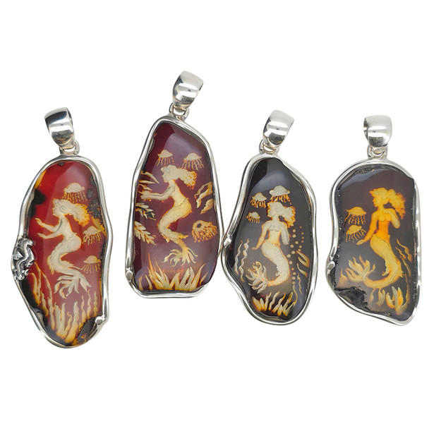 Mermaid and Jellyfish Cameo Amber Sterling Silver Pendant