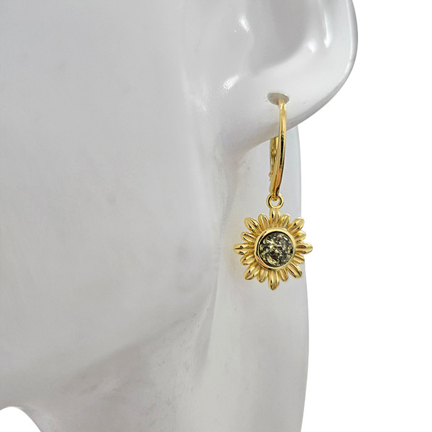 Green Amber Gold Plated Silver Sunflower Hook Earrings