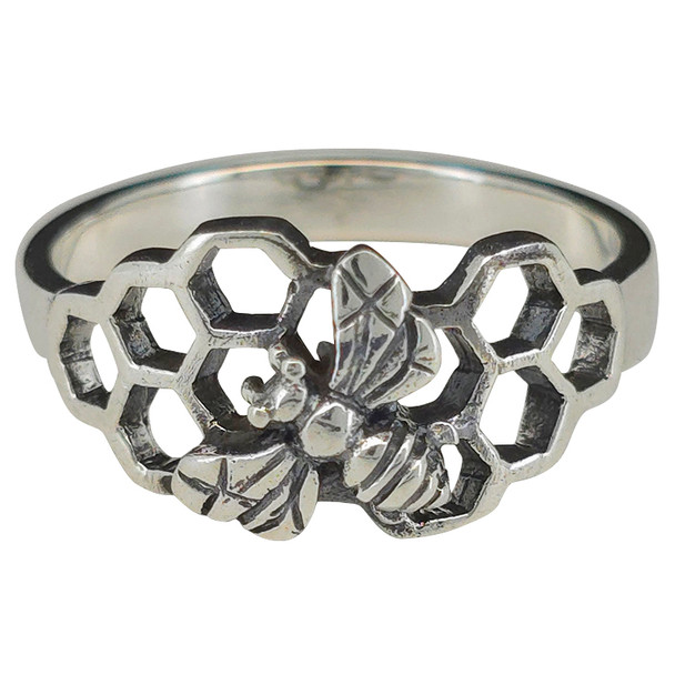 Bee on Honeycomb Sterling Silver Ring