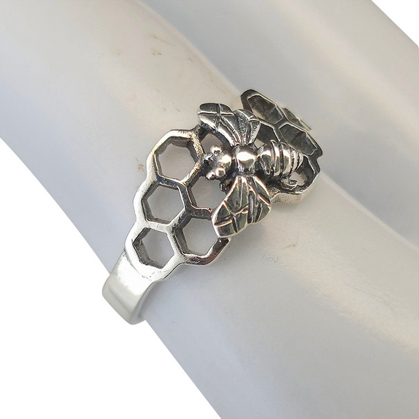 Bee on Honeycomb Sterling Silver Ring