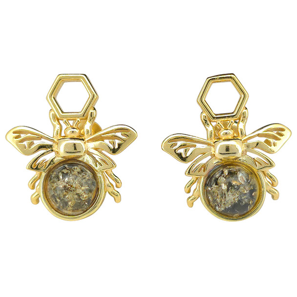 Amber Gold Plated Silver Bee on Honeycomb Stud Earrings