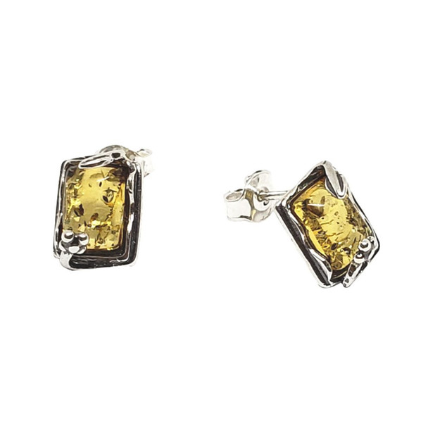 Citrine Baltic Amber Sterling Silver Stud Earrings Amber Jewelry Rectangle Shape