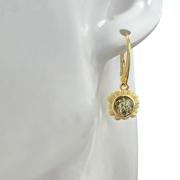 14K Gold Plated Silver Green Amber Sunflower Earrings