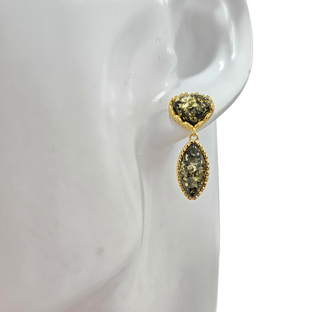 14K Gold Plated Silver Green Amber Classic Post Earrings