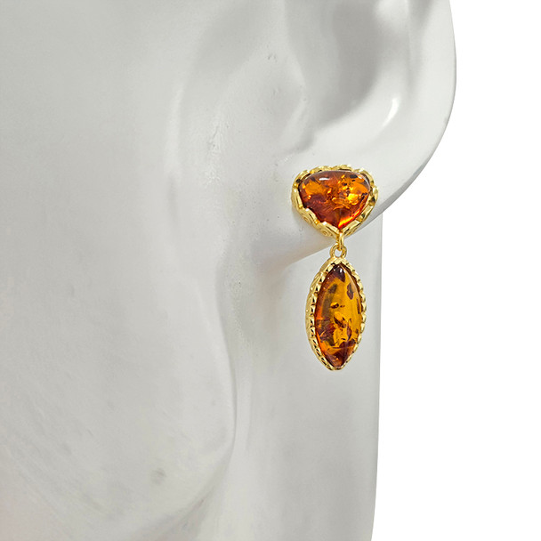 14K Gold Plated Silver Cognac Amber Classic Post Earrings