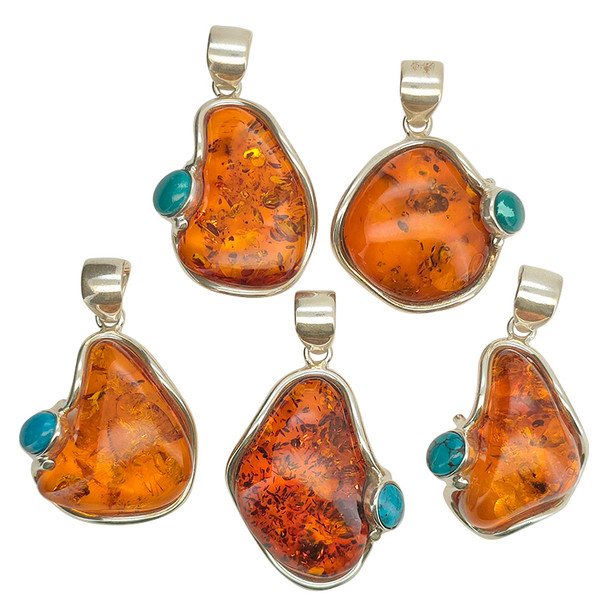 Cognac Amber and Turquoise Sterling Silver Freeform Handmade Pendant