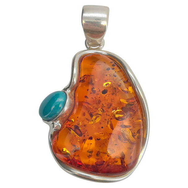Cognac Amber and Turquoise Sterling Silver Freeform Handmade Pendant