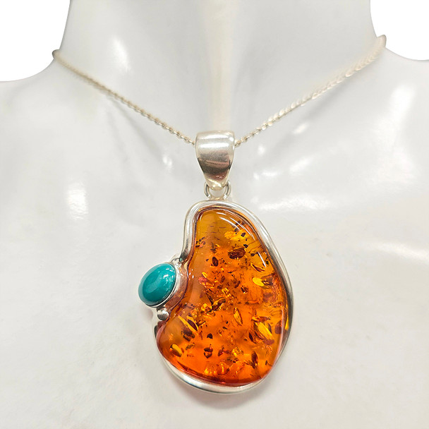 Cognac Amber and Turquoise Sterling Silver Freeform Handmade Pendant