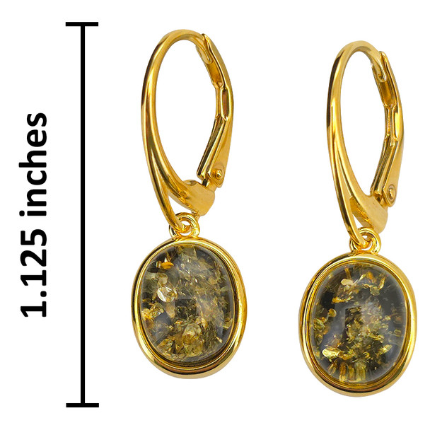 14K Gold Plated Silver Green Amber Classic Oval Earrings