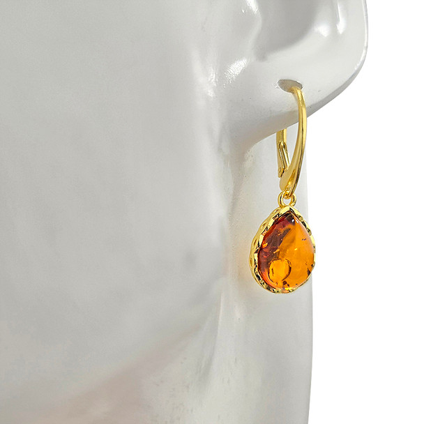 14K Gold Plated Silver Cognac Amber Classic Teardrop Earrings