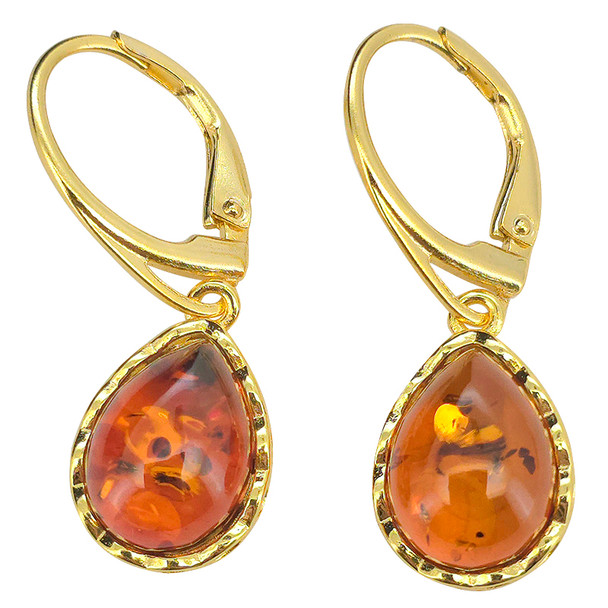 14K Gold Plated Silver Cognac Amber Classic Teardrop Earrings