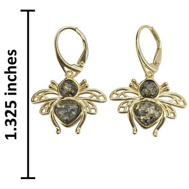 14K Gold Plated Silver Green Amber Bee Earrings