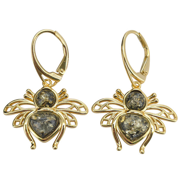14K Gold Plated Silver Green Amber Bee Earrings