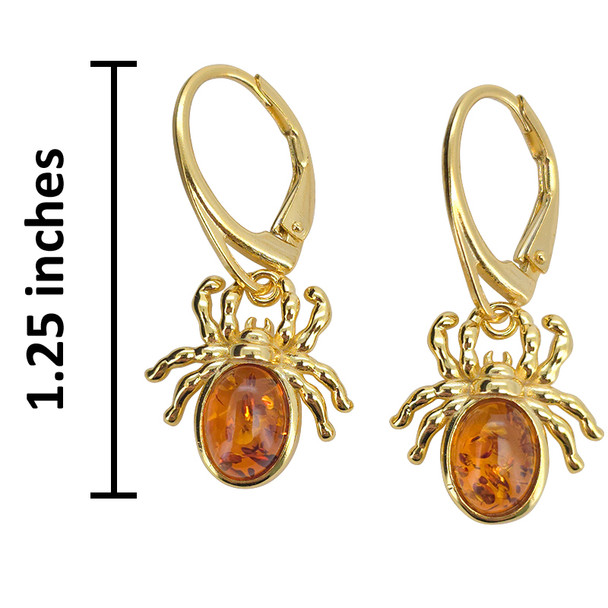 14K Gold Plated Silver Cognac Amber Spider Earrings