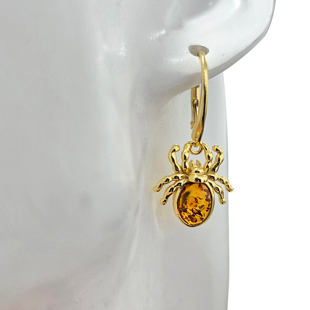 14K Gold Plated Silver Cognac Amber Spider Earrings