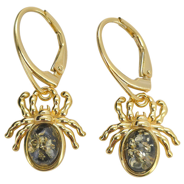 14K Gold Plated Silver Green Amber Spider Earrings