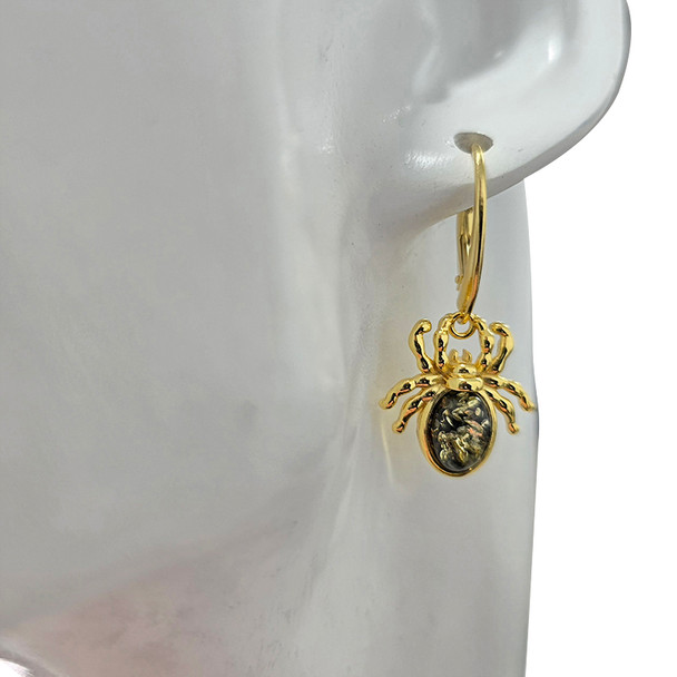 14K Gold Plated Silver Green Amber Spider Earrings