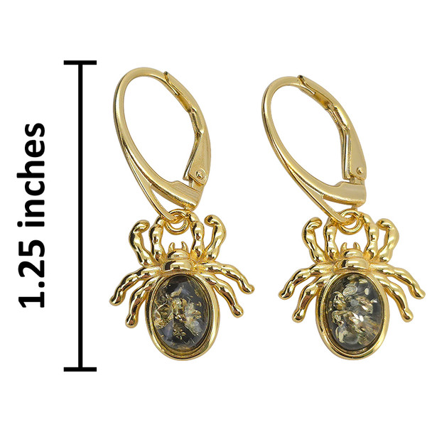 14K Gold Plated Silver Green Amber Spider Earrings