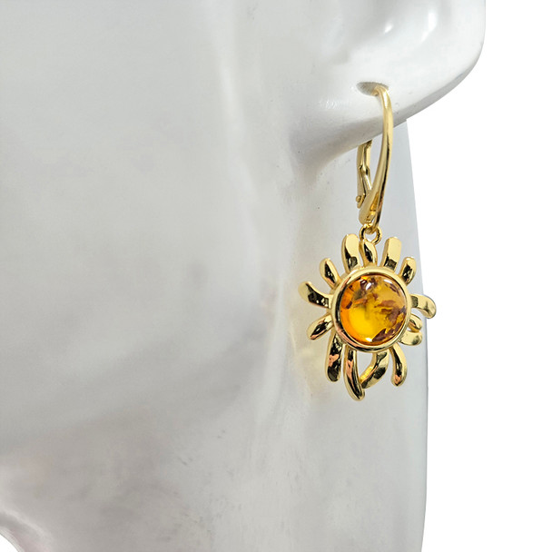 14K Gold Plated Silver Cognac Amber Daisy Sun Earrings