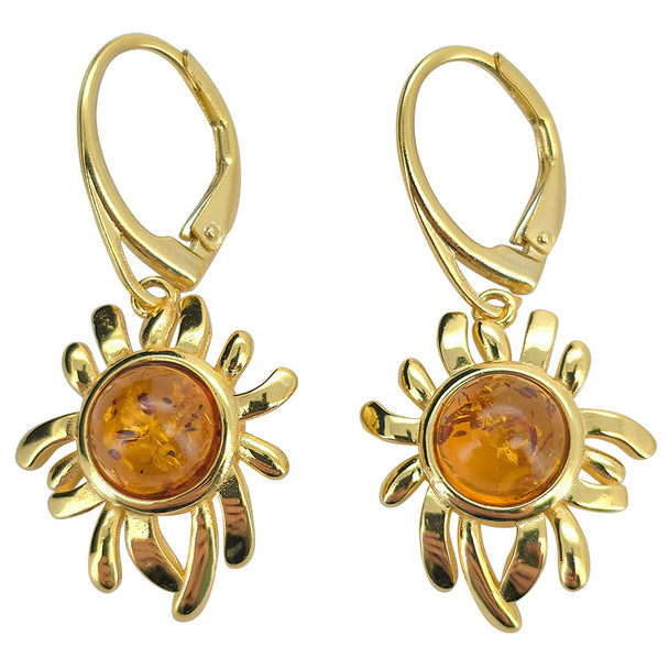14K Gold Plated Silver Cognac Amber Daisy Sun Earrings