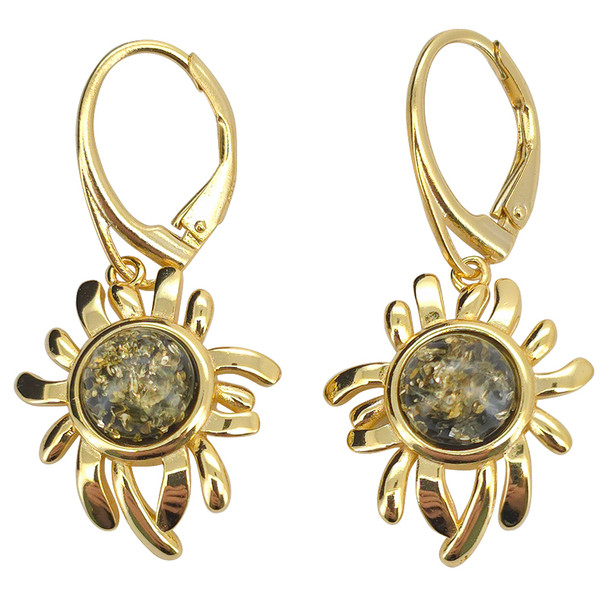 14K Gold Plated Silver Green Amber Daisy Sun Earrings