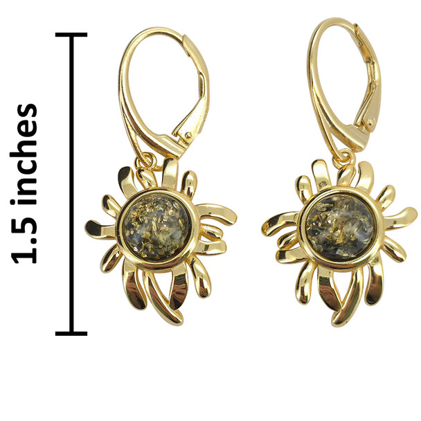 14K Gold Plated Silver Green Amber Daisy Sun Earrings